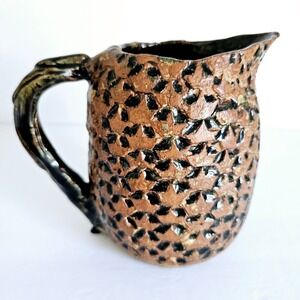 Vintage Handmade Studio Pottery Pitcher Brutalist Textured Lava Glaze Earthy Jug